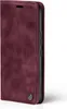 A burgundy flip case for a smartphone is shown from the side, with the cover slightly open to reveal the phone's edge. Produktbild-Vorschau