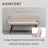 A beige upholstered bench with black legs is shown against a light gray background. A close-up of the bench's backrest is in the bottom right corner. Text overlays highlight comfort. Produktbild-Vorschau