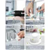 A four-panel image demonstrating how to clean a HEPA filter for a handheld vacuum cleaner. Produktbild-Vorschau