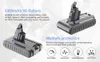 Marketing image showing a vacuum cleaner battery with feature callouts. Produktbild-Vorschau