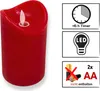 A red LED candle with informational graphics on the right side. Produktbild-Vorschau