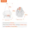 Diagrams showing the dimensions of a white macrame hanging chair and its cushion, with product specifications listed below. Podgląd zdjęcia produktu