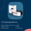 A product shot of an Omron blood pressure monitor and its packaging, with a list of package contents. Produktbild-Vorschau