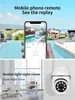 A collage of images showing a smartphone displaying a security camera feed, a child playing in a yard, houses with swimming pools, and an office interior with a security camera. Podgląd zdjęcia produktu