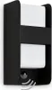 A black outdoor wall light with two white frosted glass panels and a motion sensor. Produktbild-Vorschau