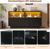 A collage showing a modern LED-lighted sideboard with glass doors and drawers, along with close-up details of its features. Produktbild-Vorschau