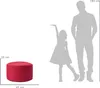 A red ottoman is shown next to silhouettes of a child and an adult to demonstrate size. Produktbild-Vorschau