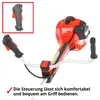Close-up of the handles and engine housing of a red and black string trimmer, with a smaller inset image of the throttle control. Produktbild-Vorschau