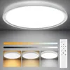 A ceiling light fixture is shown with various color temperature and brightness settings demonstrated below, along with a remote control. Produktbild-Vorschau