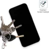 A black smartphone screen protector is shown next to a set of keys, with a graphic indicating scratch resistance. Produktbild-Vorschau