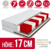A cutaway view of a mattress showing its internal structure, with various certifications and product details displayed. Produktbild-Vorschau