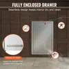 A stainless steel outdoor kitchen drawer mounted on a brick wall, with callouts highlighting its features. Produktbild-Vorschau