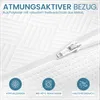 Close-up of a white textured fabric with a zipper, featuring icons and text describing product features. Produktbild-Vorschau