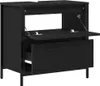 A black washbasin cabinet with open drawers and a flip-up door. Produktbild-Vorschau