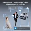 A marketing image illustrating smart detection and two-way audio features of a security camera system, showing a dog, a man on the phone, and a car with icons representing different alert types. Produktbild-Vorschau