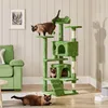 A living room scene with a green cat tree and two cats.