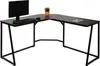 A dark brown L-shaped desk with black metal legs, shown from a slightly elevated angle against a white background. A computer monitor, keyboard, mouse, a small potted plant, and a tablet are placed on the desk. Náhled obrázku produktu