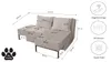 A diagram of a sofa with dimensions and feature icons. Produktbild-Vorschau