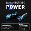 Two batteries are shown on a dark reflective surface, with text and graphics above and below them. Produktbild-Vorschau