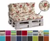 A pallet sofa with floral cushions, shown with a selection of available cushion colors below. Voir les images du produit