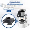 A promotional image showing a kitchen machine accessory. It displays the accessory itself in a close-up circle on the left, and an illustration of it being installed onto a kitchen machine on the right. Produktbild-Vorschau