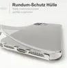 A clear phone case is shown from a side angle, with text overlay describing its features. Produktbild-Vorschau