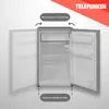 A Telefunken refrigerator with its doors open, showing the interior and highlighting adjustable feet and reversible door hinge. Produktbild-Vorschau