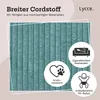 A close-up of teal corduroy fabric with marketing icons and text. Anteprima dell’immagine prodotto