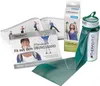 A collection of Thera-Band exercise products, including resistance bands, a storage tube, and instructional booklets. Produktbild-Vorschau