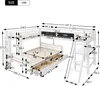 A diagram showing the dimensions of a white bunk bed with a desk and drawers. Produktbild-Vorschau