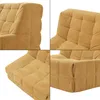 A collage of four close-up shots of a yellow upholstered floor chair. Náhled obrázku produktu