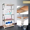 A metal shelving unit with various household items on its shelves, shown with close-up detail shots of its construction. Produktbild-Vorschau