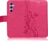 A pink flip case for a Samsung Galaxy A54 5G phone, with a floral and butterfly embossed design. Produktbild-Vorschau