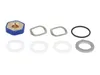 A collection of plumbing parts, including a blue and gold hexagonal fitting, several metal washers, white rubber gaskets, and a black O-ring, arranged on a white background. Produktbild-Vorschau