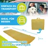 A family and their dog are in a car, with a folded mattress and its dimensions shown as part of a marketing image. Produktbild-Vorschau