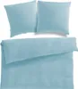 A set of light blue bedding, including two pillowcases and a duvet cover, laid out flat on a white background.