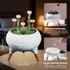 A white humidifier with green accents and wooden legs, emitting mist, shown with inset images demonstrating its features. Produktbild-Vorschau
