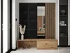 A modern entryway with a wooden bench, mirror, and black wall panels. Náhľad obrázku produktu