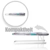 An ironing board shown in a compact, folded state and then in its expanded, usable state, with text indicating compactness. Produktbild-Vorschau