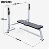 A white and gray weight bench with dimensions indicated by lines and text. Produktbild-Vorschau