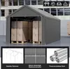 A grey storage tent filled with cardboard boxes, with smaller inset images showing frame structure, steel tube structure, and metal tubes. Produktbild-Vorschau