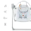 A close-up view of a baby swing with hanging toys and icons indicating features. Produktbild-Vorschau