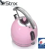 A pink retro electric kettle is shown against a white background. The kettle has a chrome handle and lid knob. There is a control panel on the side of the kettle. A logo and text are present in the top left and bottom right corners. Produktbild-Vorschau