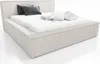 A beige upholstered bed with a mattress and pillows on a white background. Produktbild-Vorschau