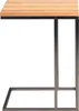 A side view of a C-shaped side table with a wooden top and a metal frame. Produktbild-Vorschau