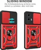 Two red and black phone cases are shown side-by-side, with text above describing a sliding window feature. Produktbild-Vorschau