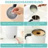 A collage of four images showing the steps to use a self-stirring mug. Produktbild-Vorschau