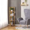 A corner shelf unit with books and decor in a room with a chair and curtains. Produktbild-Vorschau