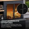 A close-up view of a black metal fireplace with mesh doors, showing a fire inside. Text overlays describe the product's features. Náhled obrázku produktu