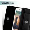 A close-up view of a black wallet case for a smartphone, showing the phone screen with a city skyline image. Produktbild-Vorschau